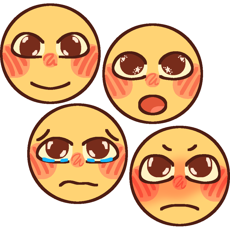  four emoji faces. one is smiling, one has their mouth open in amazement, one is teary, and one is angry